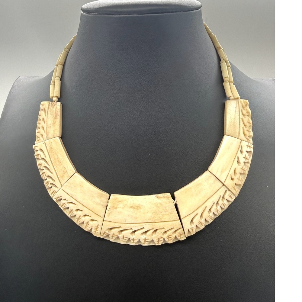Vintage Hand Carved Bone Bib Statement Necklace Cream Natural Tribal Boho Etched
